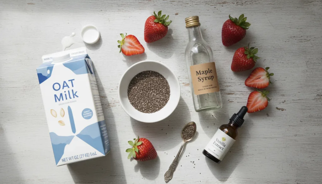 A flat lay of the ingredients for strawberry chia pudding chia seeds a carton of plant-based milk fresh strawberries a s