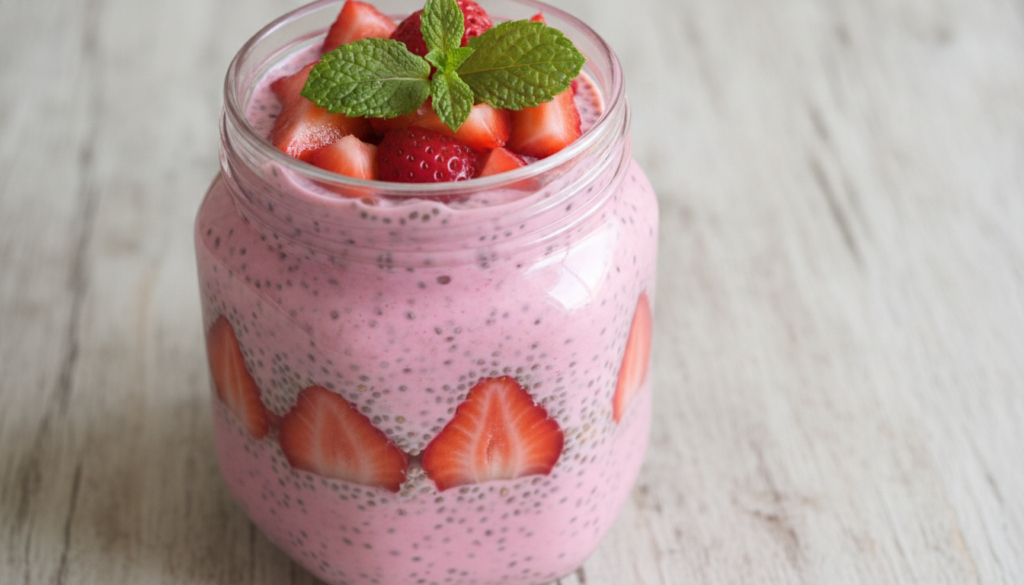 A beautiful glass jar filled with layered strawberry chia pudding topped with fresh strawberries and a sprig of mint