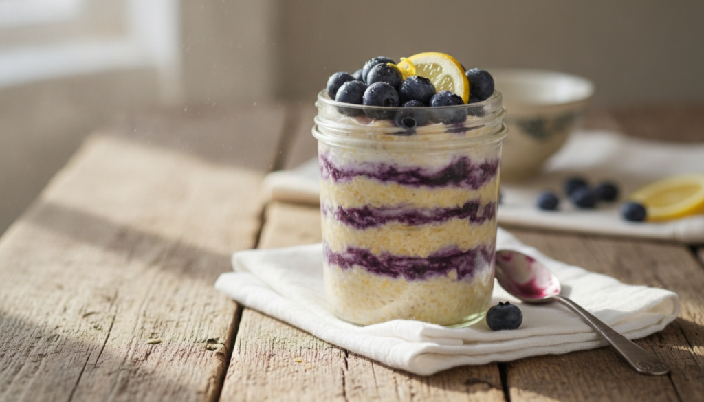 A jar of lemon blueberry overnight oats garnished with fresh blueberries and a lemon slice