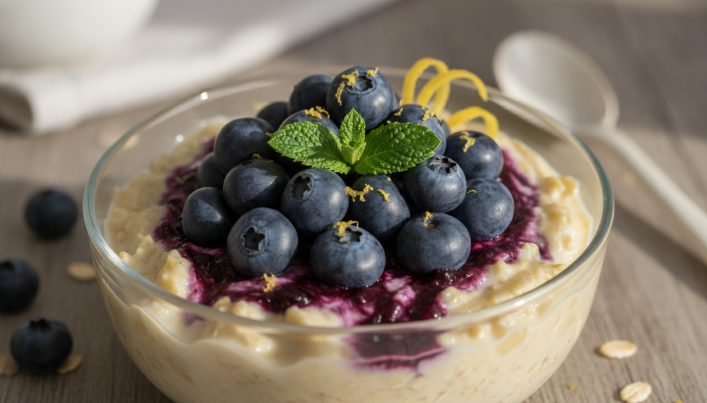 A vibrant bowl of lemon blueberry overnight oats garnished with fresh blueberries lemon zest and a mint leaf with a spoo
