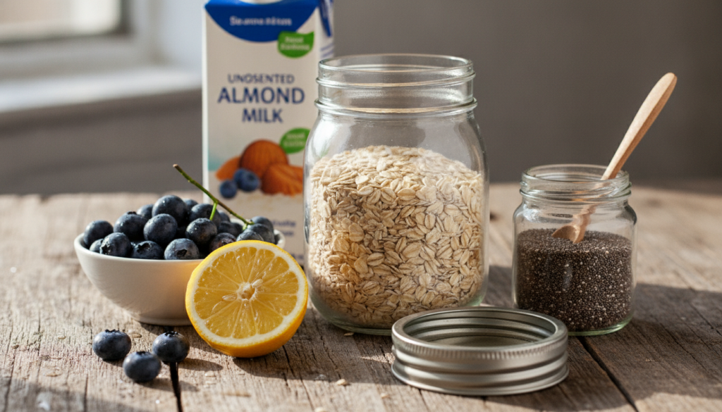 Various ingredients for overnight oats laid out on a wooden table rolled oats a bowl of fresh blueberries a sliced lemon