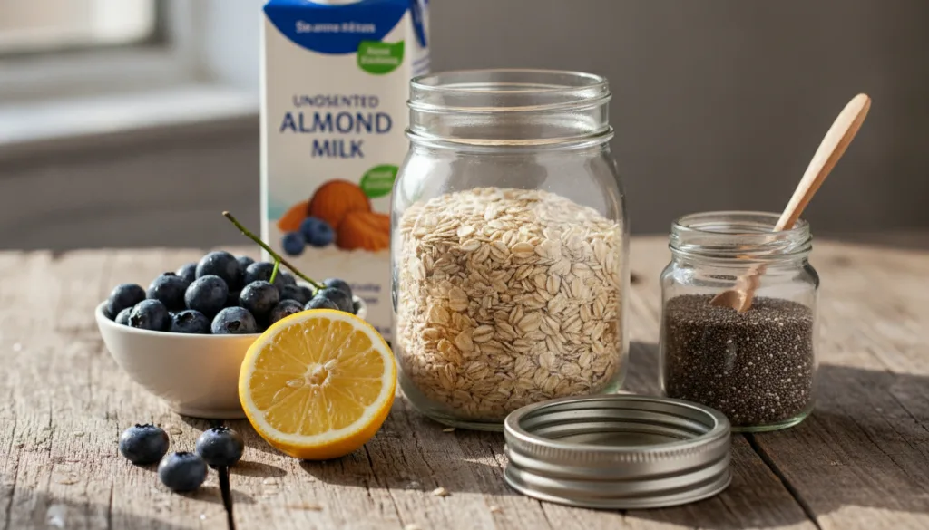 Various ingredients for overnight oats laid out on a wooden table rolled oats a bowl of fresh blueberries a sliced lemon