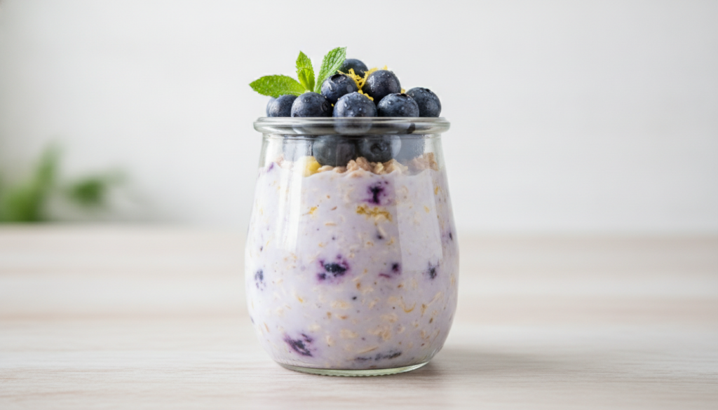 A glass jar filled with creamy lemon blueberry overnight oats topped with fresh blueberries lemon zest and a mint sprig 