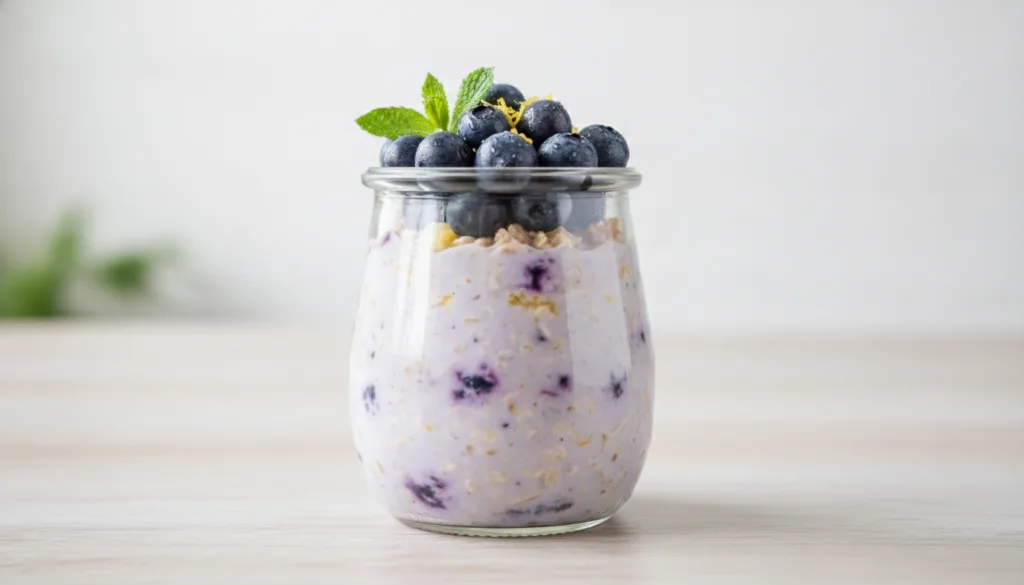 A glass jar filled with creamy lemon blueberry overnight oats topped with fresh blueberries lemon zest and a mint sprig 