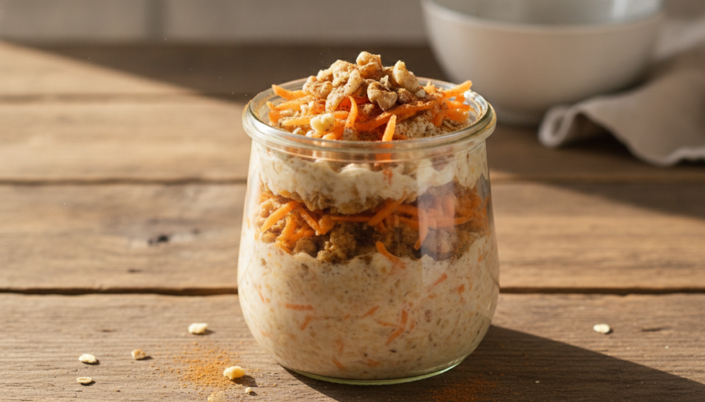 A jar of healthy carrot cake overnight oats garnished with shredded carrots chopped walnuts and a sprinkle of cinnamon r