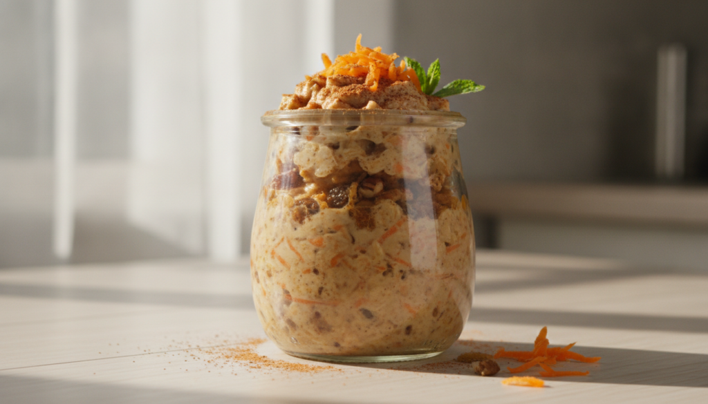 A glass jar filled with carrot cake overnight oats topped with grated carrots a sprinkle of cinnamon and a few chopped w