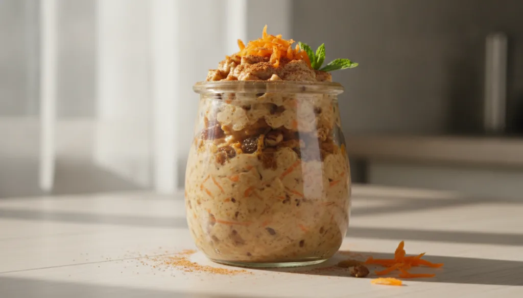 A glass jar filled with carrot cake overnight oats topped with grated carrots a sprinkle of cinnamon and a few chopped w