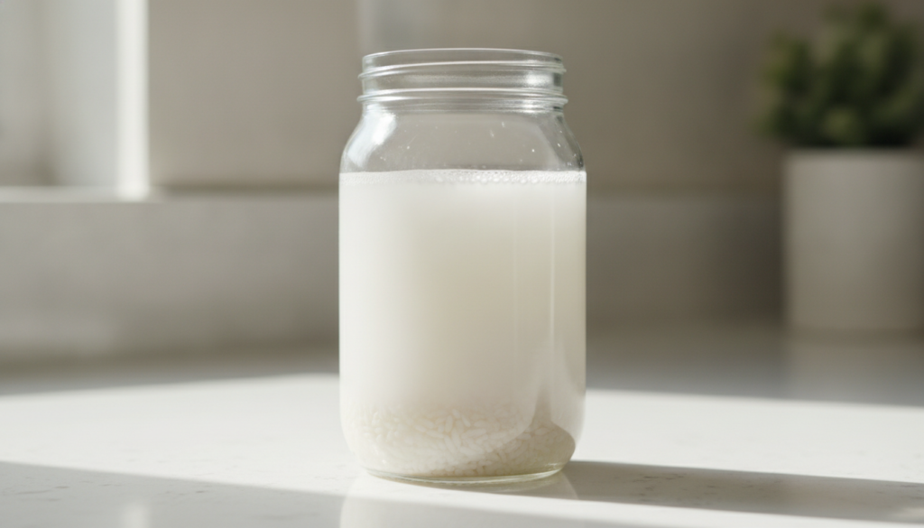 A clear glass jar filled with cloudy homemade rice water with a few grains of rice visible at the bottom The jar is plac