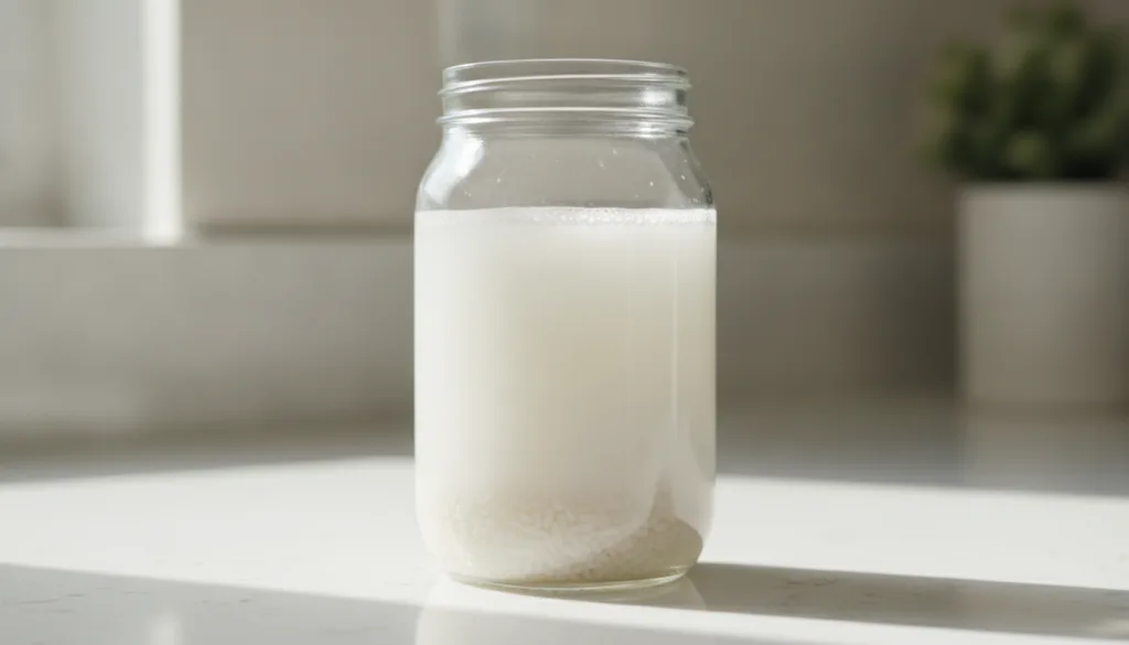 A clear glass jar filled with cloudy homemade rice water with a few grains of rice visible at the bottom The jar is plac