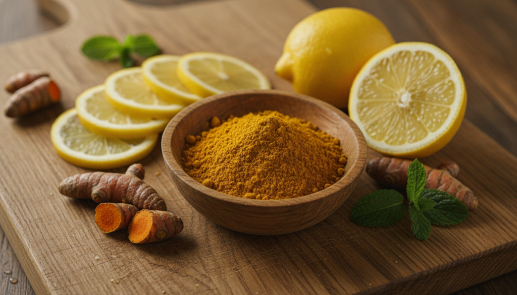 Close-up shot of vibrant yellow turmeric powder and fresh lemon slices on a rustic wooden background symbolizing natural