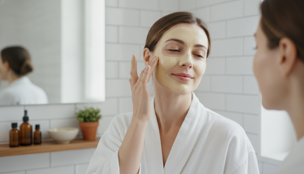A woman gently applying a yellow-tinted DIY face mask to her face with her fingertips in a well-lit bathroom focusing on