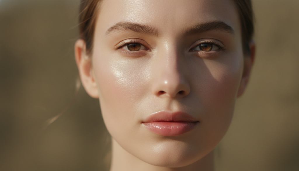 A close-up of a woman with radiant clear glass skin reflecting light gently Her skin looks smooth hydrated and natural