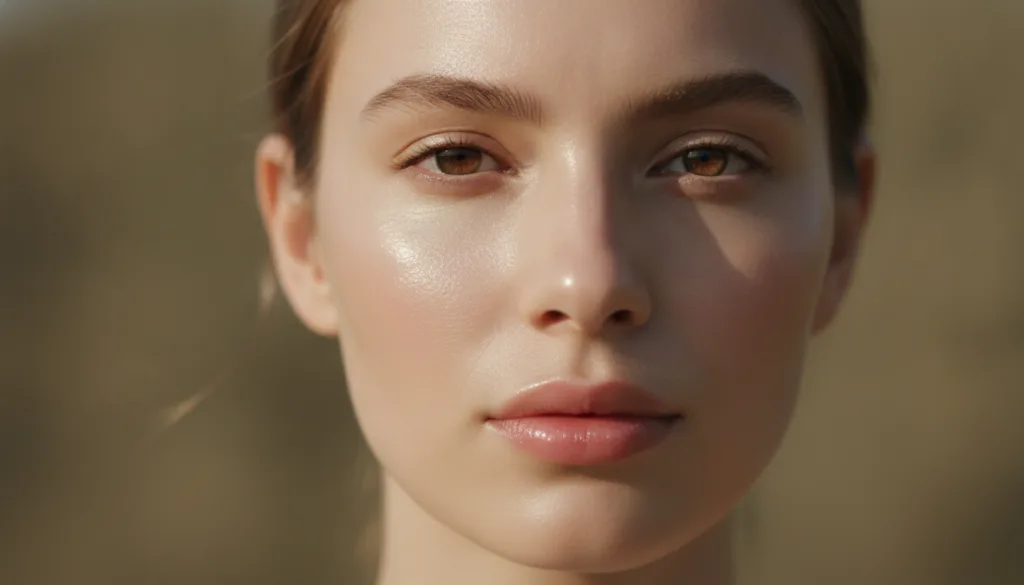 A close-up of a woman with radiant clear glass skin reflecting light gently Her skin looks smooth hydrated and natural
