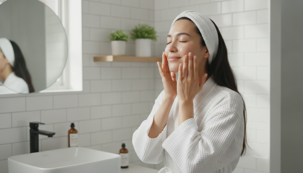 A woman gently patting rice water onto her clean face with her hands looking refreshed The setting is bright and clean p