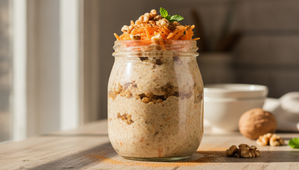 A beautiful close-up of a glass jar filled with carrot cake overnight oats topped with shredded carrots chopped walnuts 