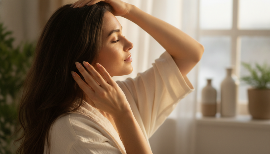 A woman gently massaging a natural hair oil into her scalp with lush healthy hair visible