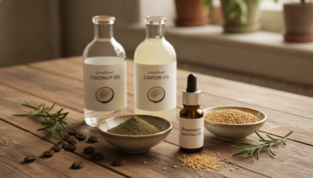 Ingredients for homemade hair oil on a wooden table coconut oil castor oil amla powder fenugreek seeds rosemary essentia
