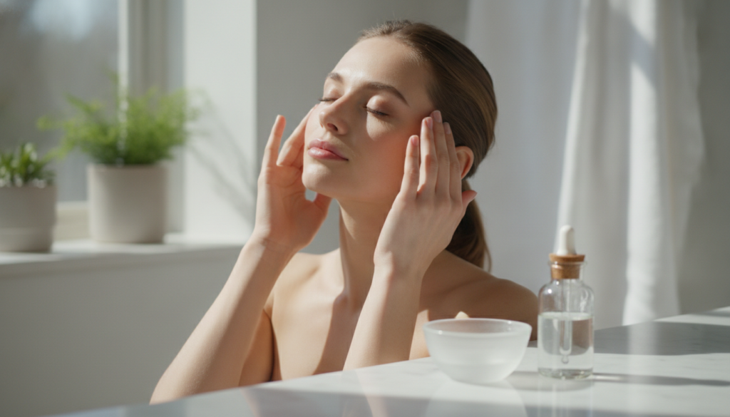 A woman gently massaging a homemade hair tonic into her scalp with a small bowl and dropper bottle nearby in a bright cl