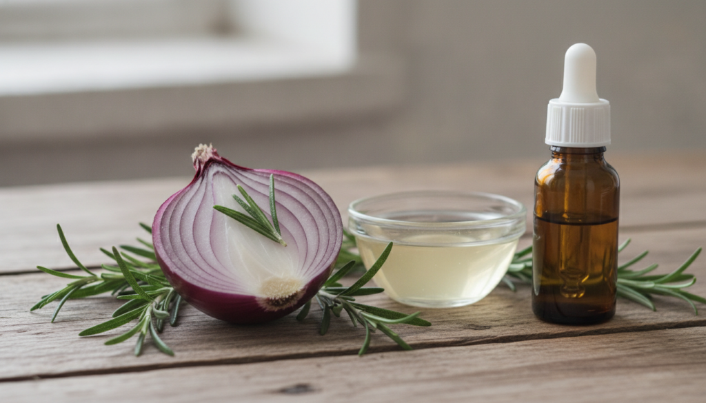 Close-up of a red onion cut in half and fresh rosemary sprigs with a small bowl of onion juice and a dropper bottle of r