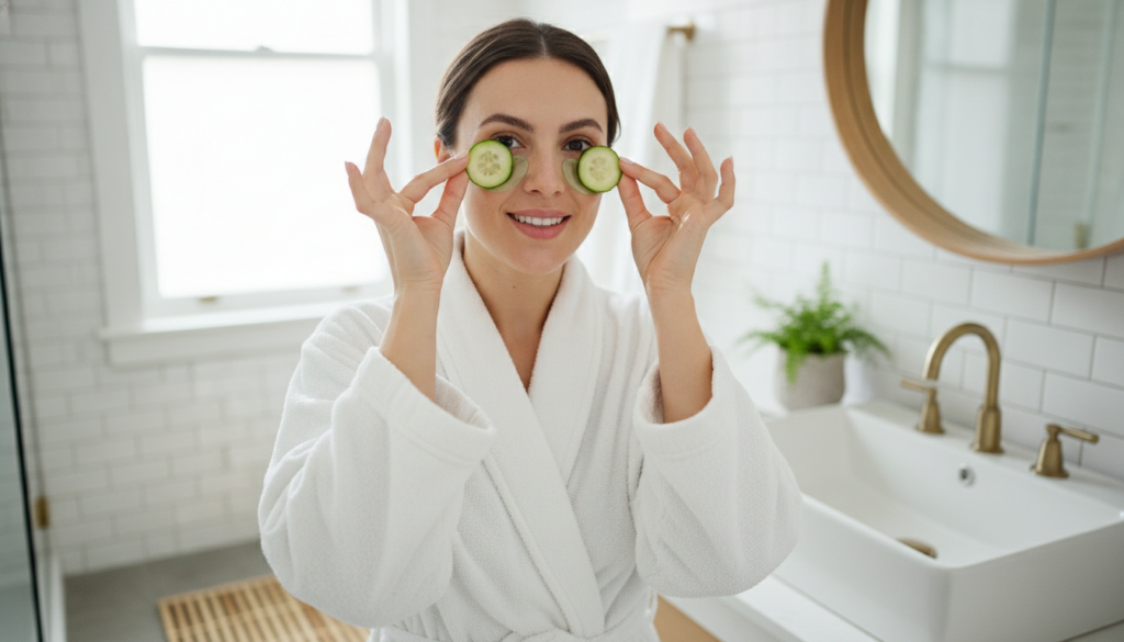 A woman gently applying a natural eye mask to her under-eye area looking refreshed and calm