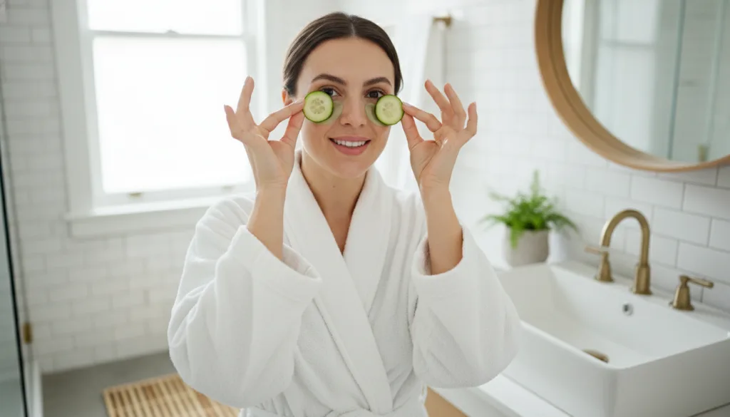 A woman gently applying a natural eye mask to her under-eye area looking refreshed and calm