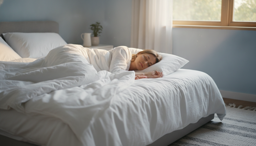 A serene woman sleeping peacefully in a comfortable bed with soft diffused morning light streaming in emphasizing rest a