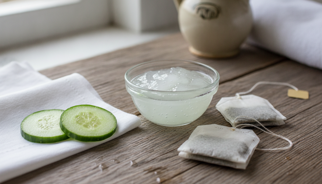 A close-up of chilled cucumber slices and two cooled teabags placed next to a small bowl of aloe vera gel all on a light