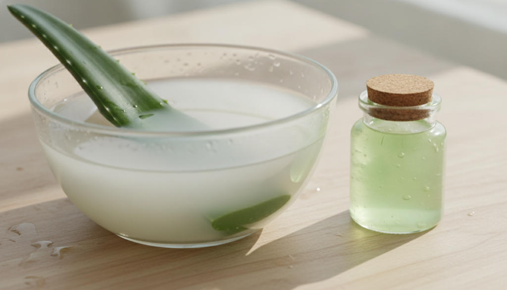 A close-up of a glass bowl containing milky fermented rice water a fresh aloe vera leaf and a small glass jar of aloe ve