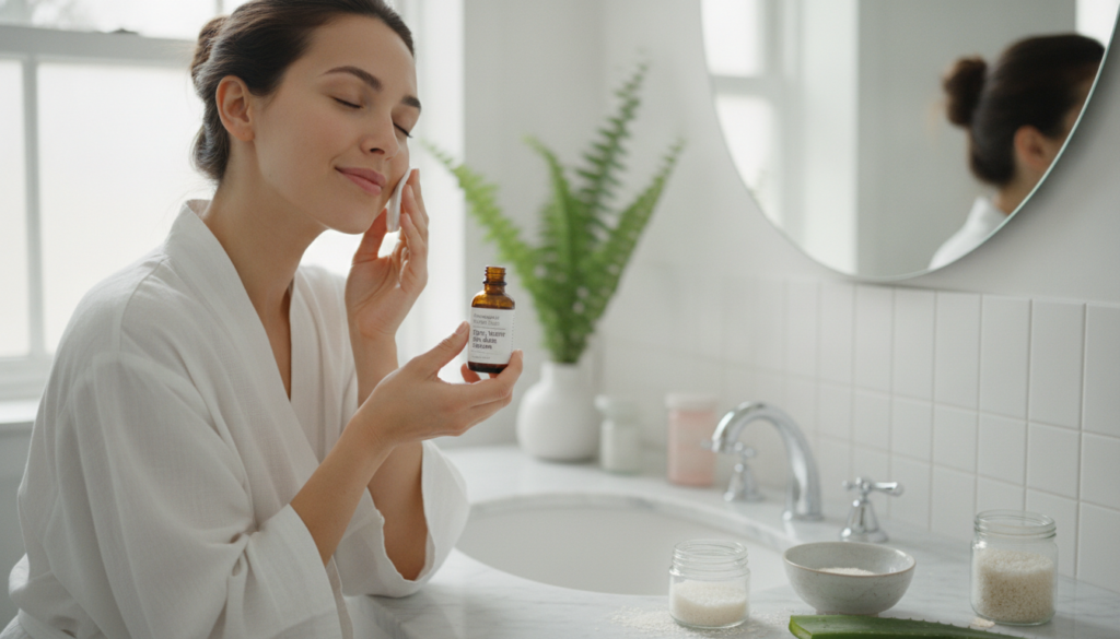 A woman gently applying the homemade rice water and aloe vera serum to her face with a cotton pad showcasing radiant glo