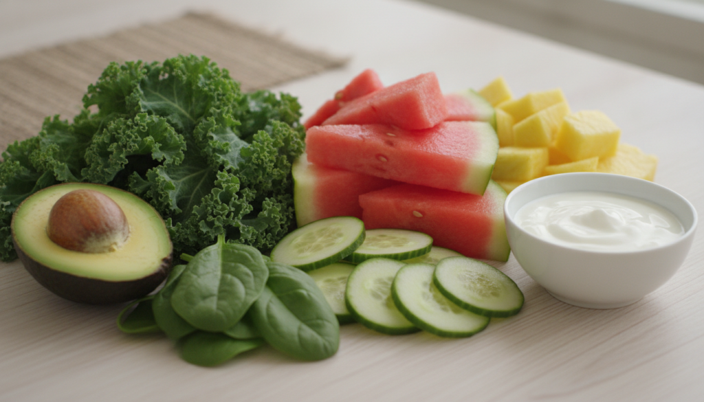 A vibrant and fresh assortment of Choose More Often foods arranged artfully including sliced cucumber wedges of watermel