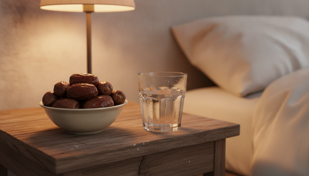 A serene setting with a small bowl of dates perhaps beside a glass of water or a warm cup of herbal tea on a bedside tab