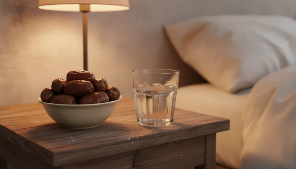 A serene setting with a small bowl of dates perhaps beside a glass of water or a warm cup of herbal tea on a bedside tab