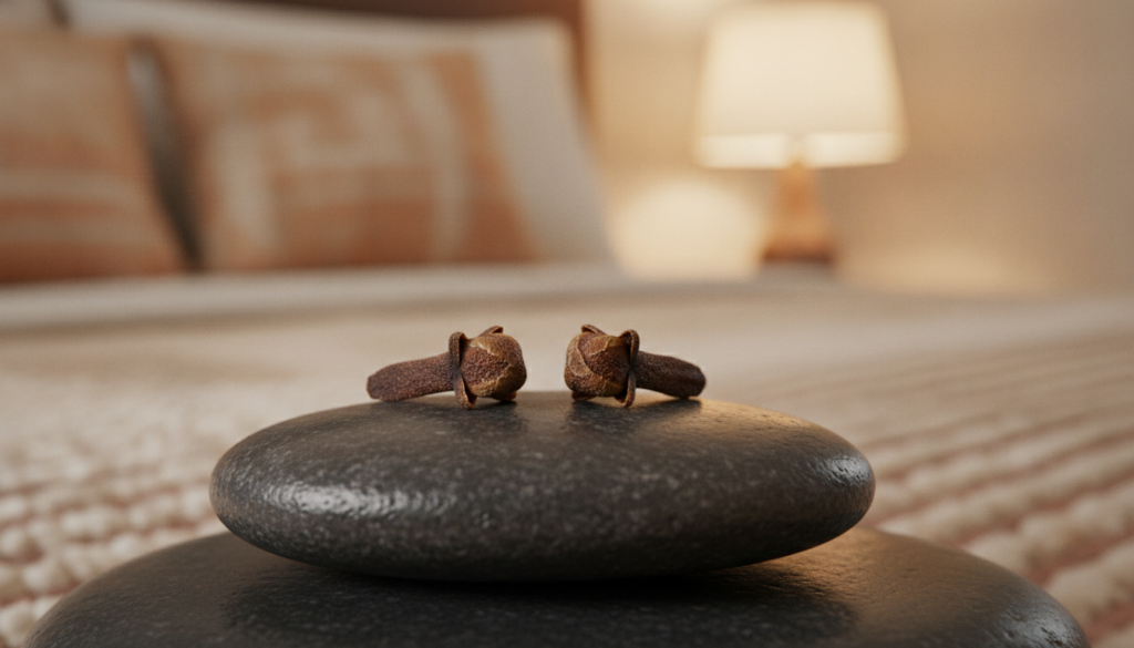 Two whole cloves resting on a small smooth dark river stone next to a soft out-of-focus background of warm earthy tones 