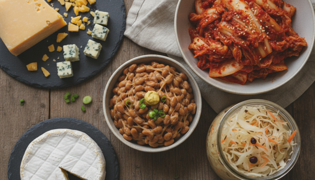 A close-up shot of various fermented foods like natto kimchi sauerkraut and cheese highlighting natural sources of Vitam
