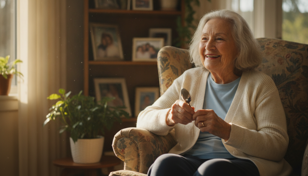 A vibrant smiling 91-year-old woman in a cozy home setting perhaps holding a spoon or a small jar looking healthy and en