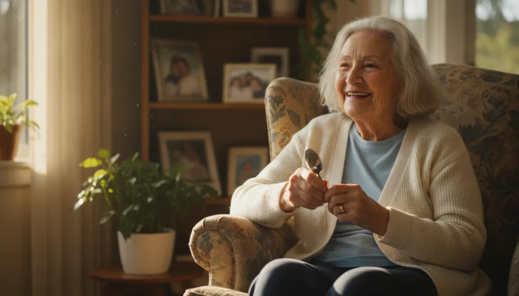 A vibrant smiling 91-year-old woman in a cozy home setting perhaps holding a spoon or a small jar looking healthy and en