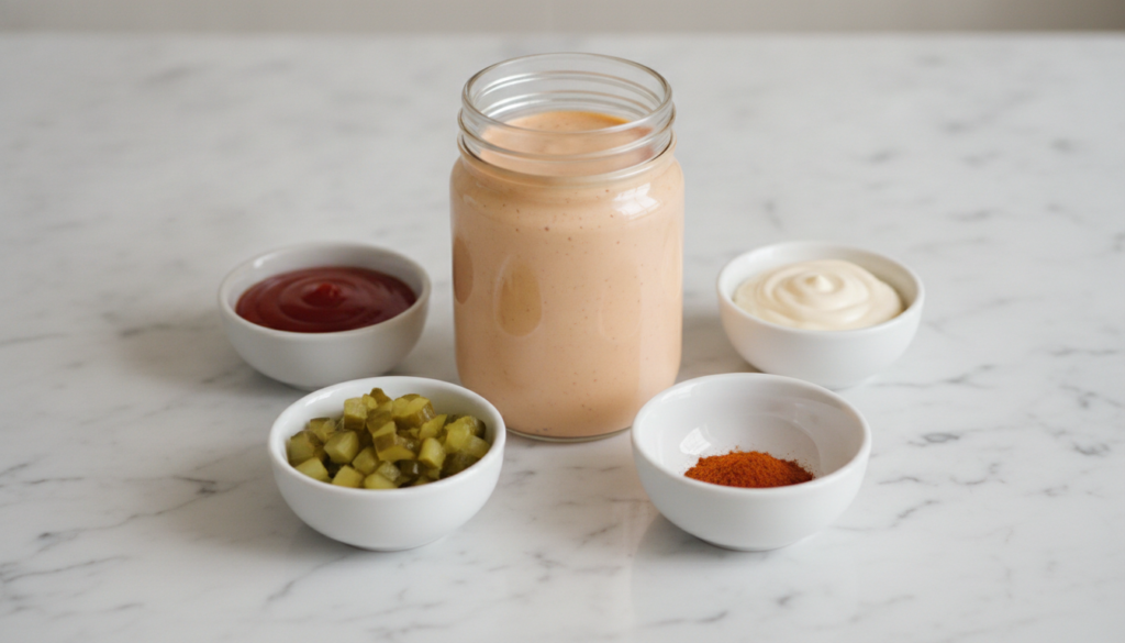 A clear glass jar of creamy pinkish-orange burger sauce Around the jar are small dishes containing ketchup mayonnaise ch
