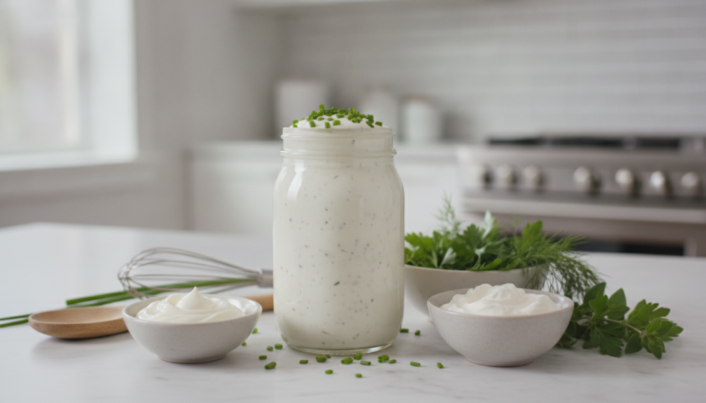 A clear glass jar filled with creamy white homemade ranch dressing garnished with fresh chopped chives and dill Small bo