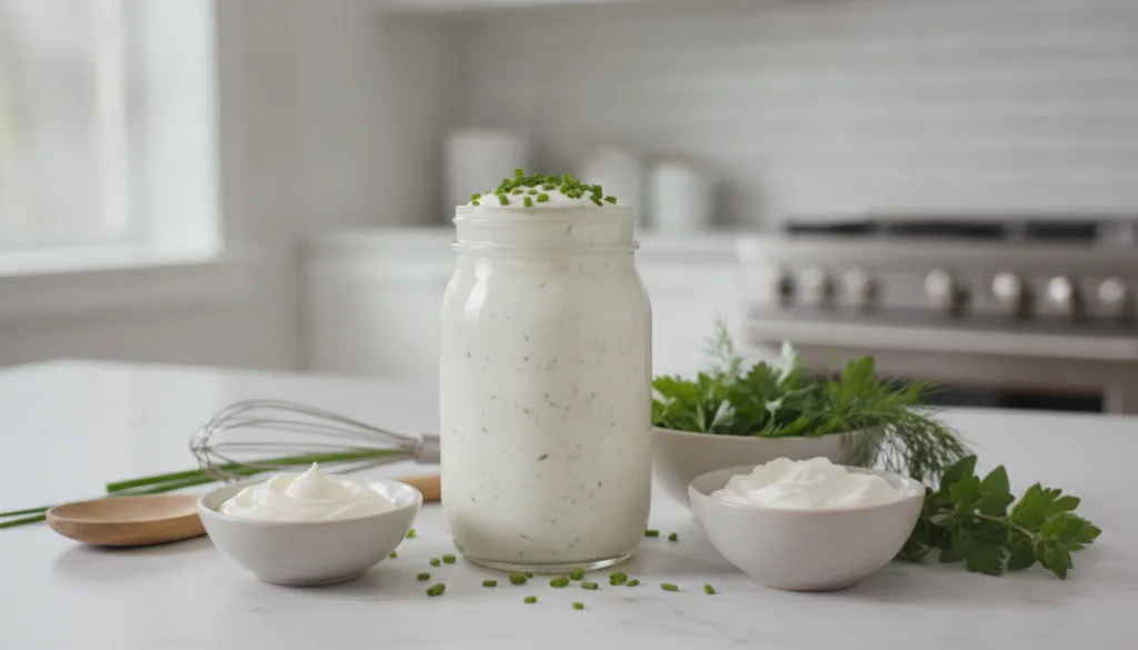 A clear glass jar filled with creamy white homemade ranch dressing garnished with fresh chopped chives and dill Small bo