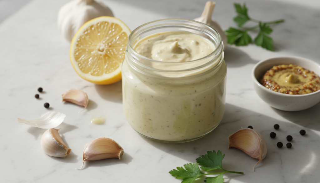A clear glass jar filled with smooth pale yellow garlic aioli surrounded by fresh garlic cloves a lemon half and a small