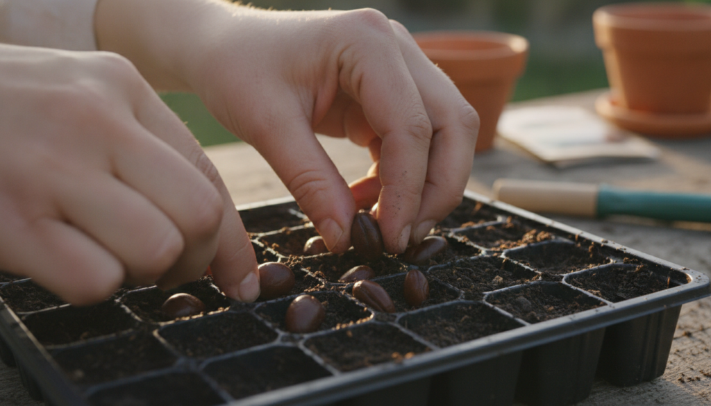 A gardener carefully planting plump soaked bean seeds into a tray of seed-starting mix The seeds look noticeably swollen