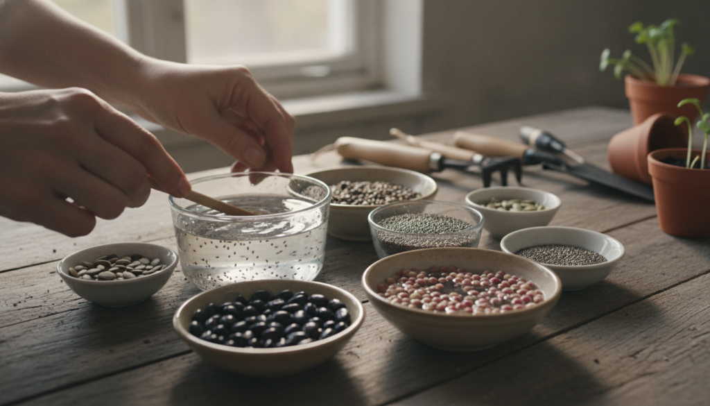 A close-up of various seeds soaking in small dishes of water with a gardener s hands gently stirring them Seeds include 