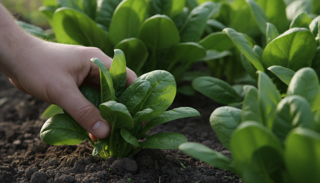 A close-up of vibrant green spinach leaves being harvested from a garden bed with visible roots and moist soil showcasin