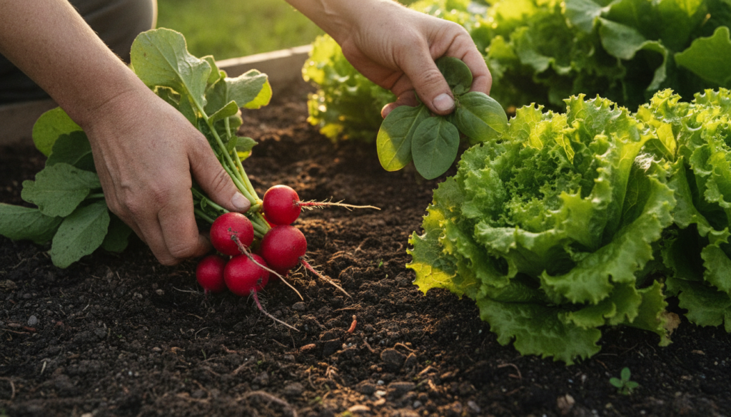 A gardener s hands gently harvesting a variety of fresh quick-growing vegetables like radishes lettuce and spinach from 