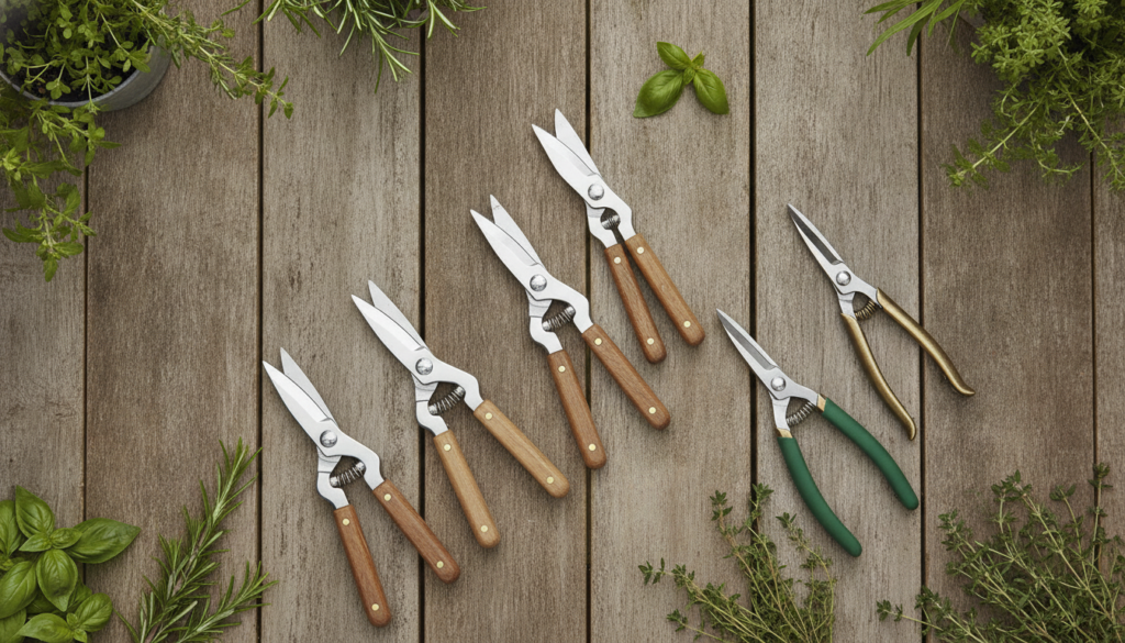A collection of clean sharp gardening tools including small pruning shears herb snips and a pair of gardening gloves lai