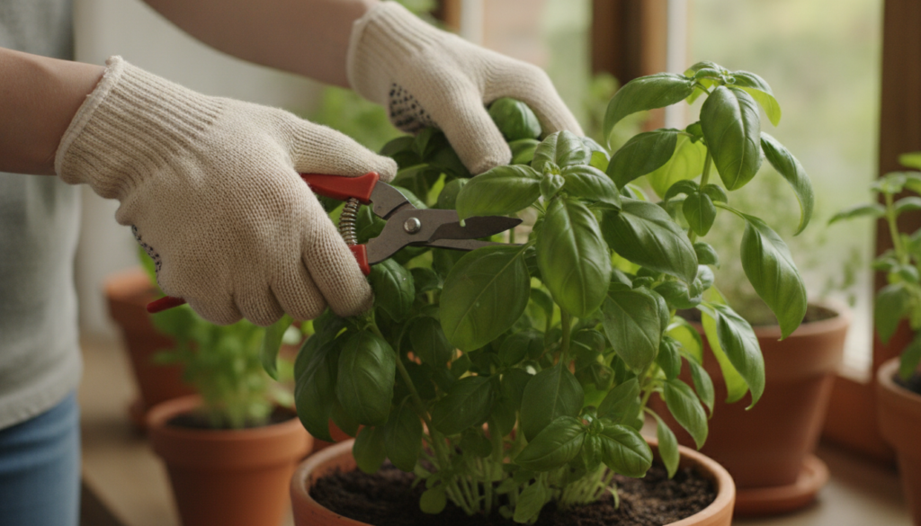 A close-up shot of a gardener s hands gently trimming basil leaves from a healthy basil plant with small pruning shears