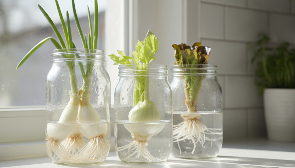 A collection of common vegetable scraps e g green onion bulbs celery base lettuce core placed in small glass jars with w