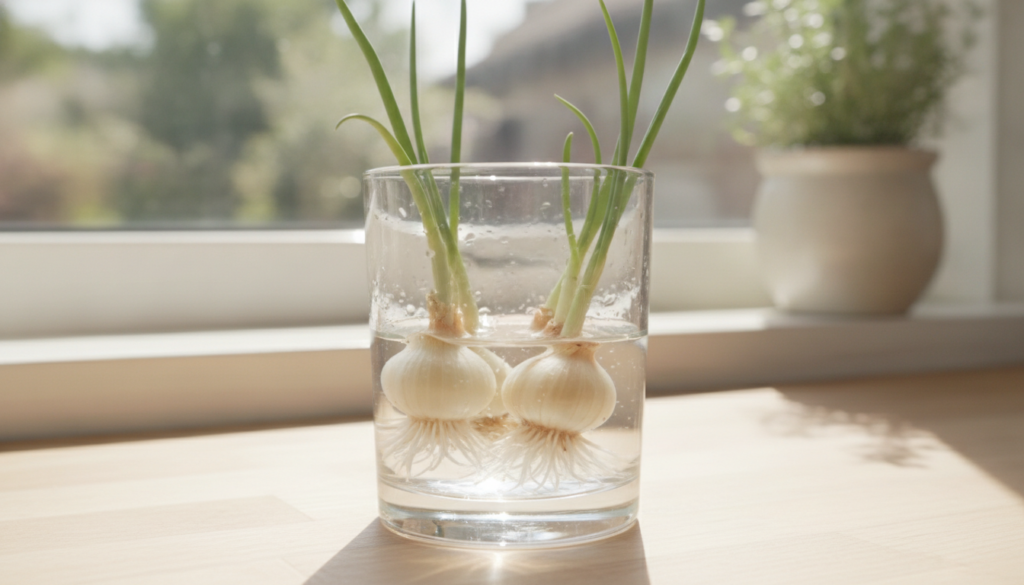 Close-up of green onion bulbs with roots submerged in a clear glass of water on a sunny windowsill showing new green sho