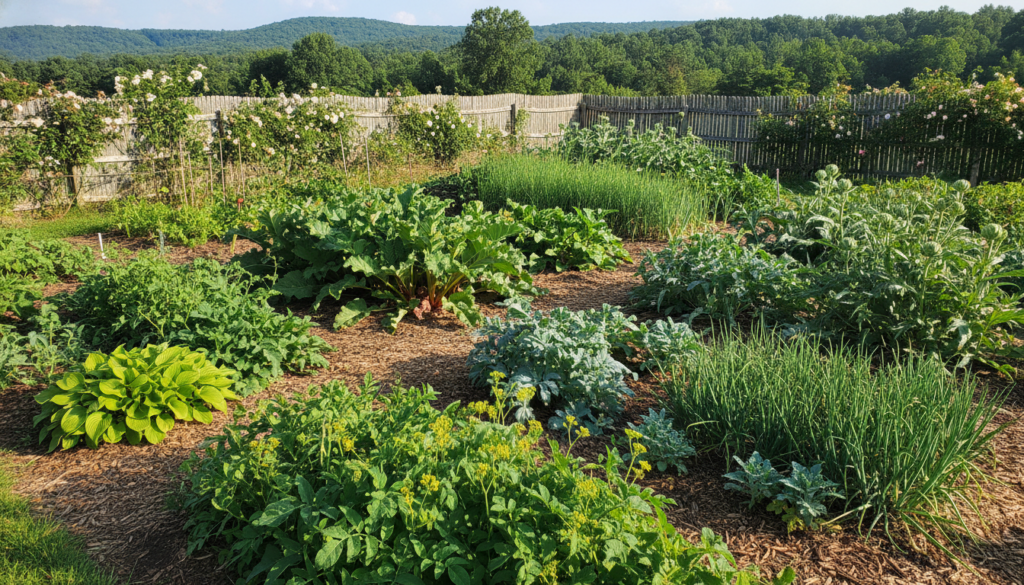 A vibrant established perennial vegetable garden featuring a variety of green plants some with visible produce under bri