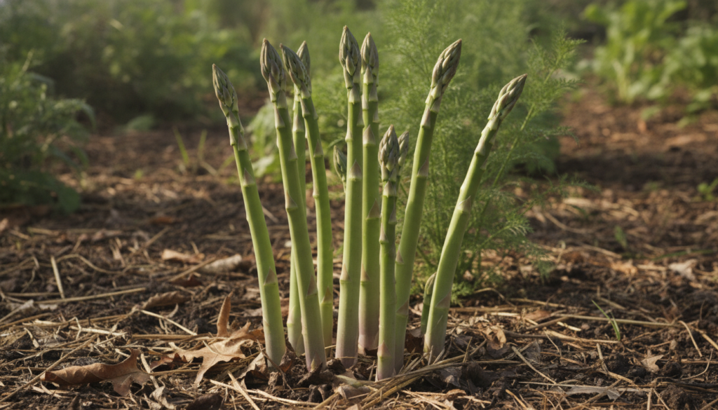 Close-up of fresh green asparagus spears growing upright in a garden bed ready for harvest
